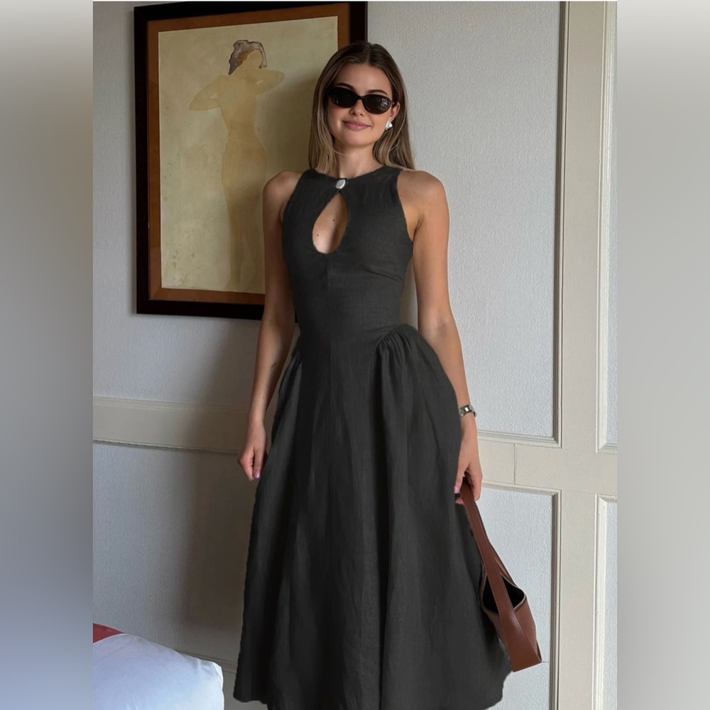 Cotton & Linen Pleated Cutout Long Dress